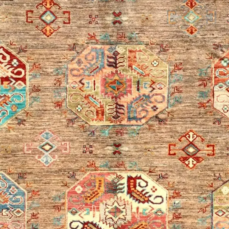 Allover Designer Waziri Rug, Double Hand Knotted, NZ Handspun Wool, Veg Dye, Afghan(199 x 155)cm, green allover waziri rug, close-up detail 3