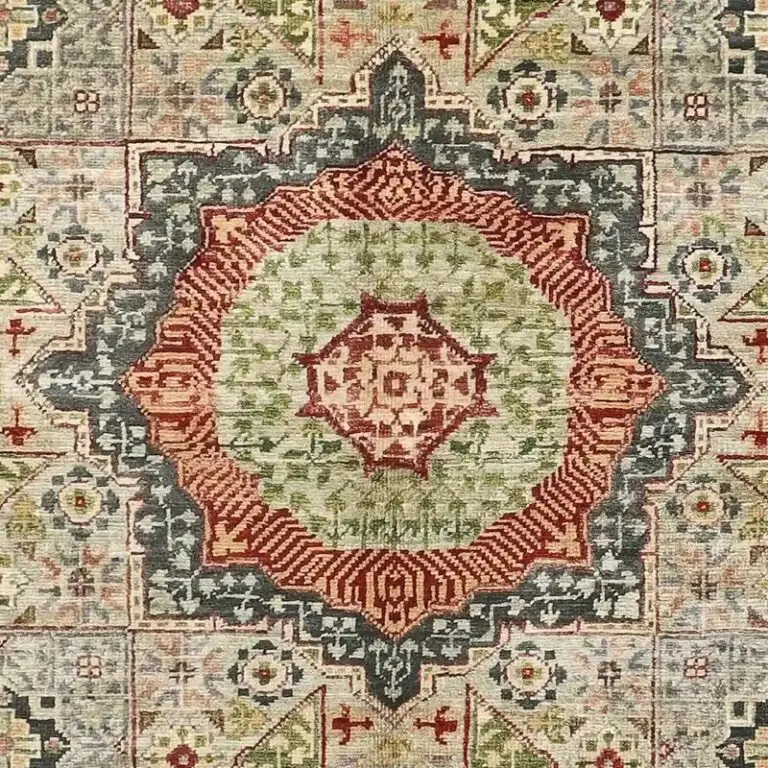Green Specks Mamluk Designer Rug, Double Hand Knotted, Fine NZ Wool, Veg Dye, Afghan (183 x 122)cm, green specks mamluk rug, close-up detail 2