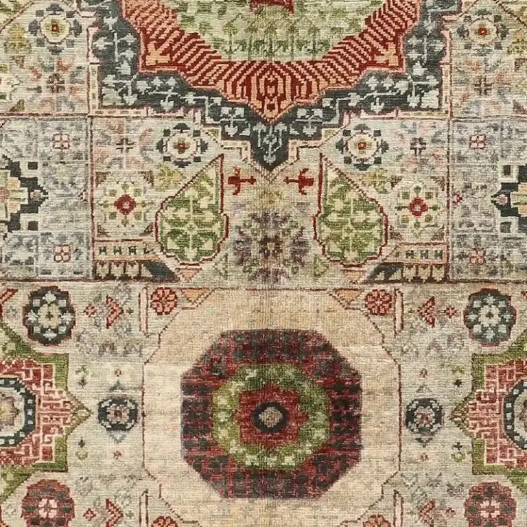 Green Specks Mamluk Designer Rug, Double Hand Knotted, Fine NZ Wool, Veg Dye, Afghan (183 x 122)cm, green specks mamluk rug, close-up detail 3