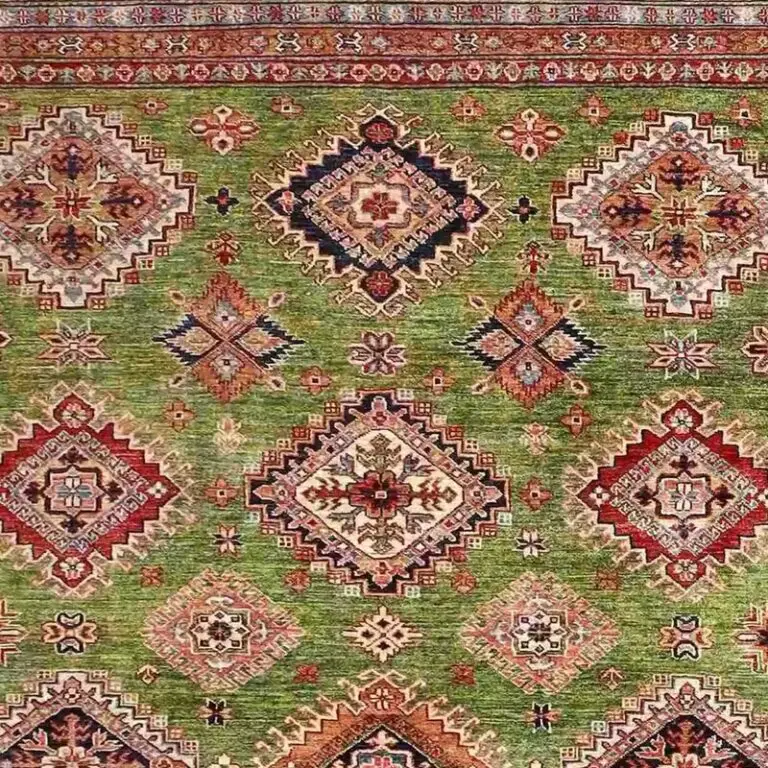 Super Kazak Rug - 325 x 251, green super kazak rug, close-up detail 1