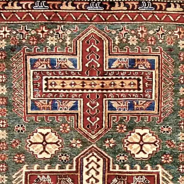 Green Super Kazak Rug Double Hand Knotted Fine lamb wool Veg Dye afghan(210 x 140)cm, green super kazak rug, close-up detail 1