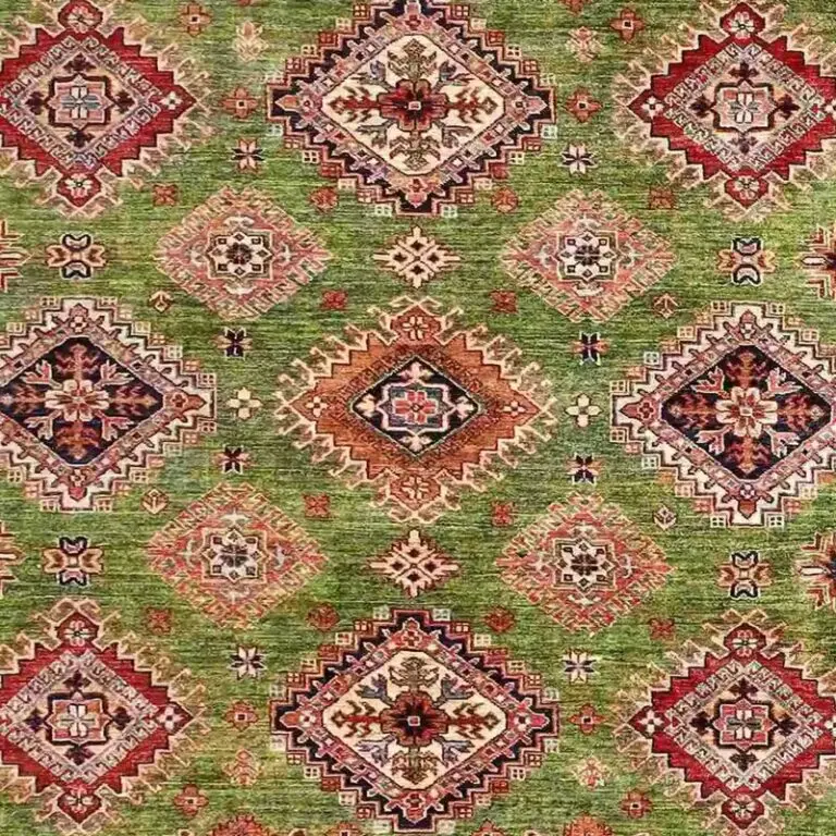 Super Kazak Rug - 325 x 251, green super kazak rug, close-up detail 2