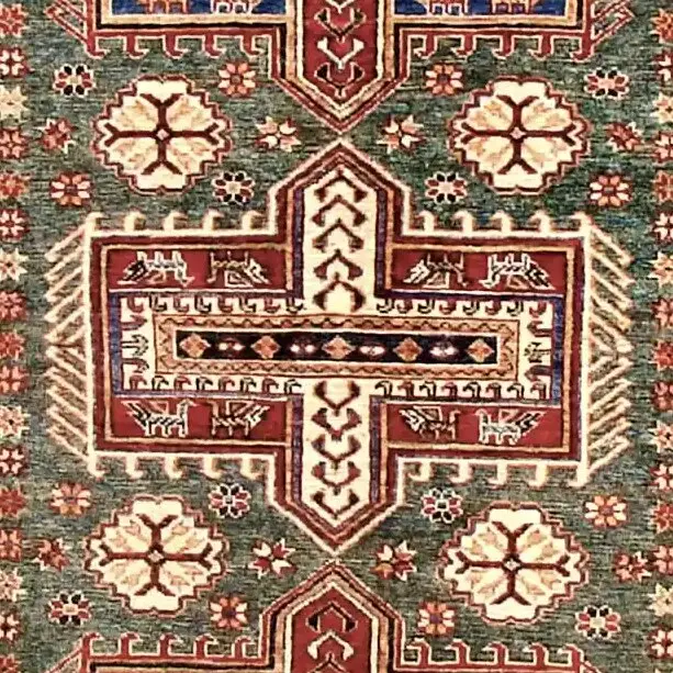 Green Super Kazak Rug Double Hand Knotted Fine lamb wool Veg Dye afghan(210 x 140)cm, green super kazak rug, close-up detail 2