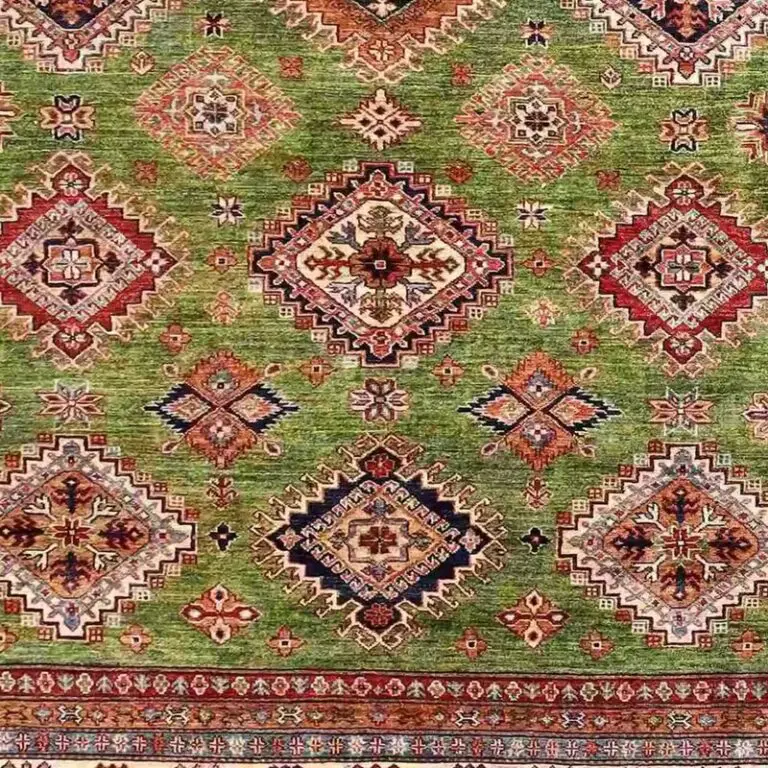 Super Kazak Rug - 325 x 251, green super kazak rug, close-up detail 3