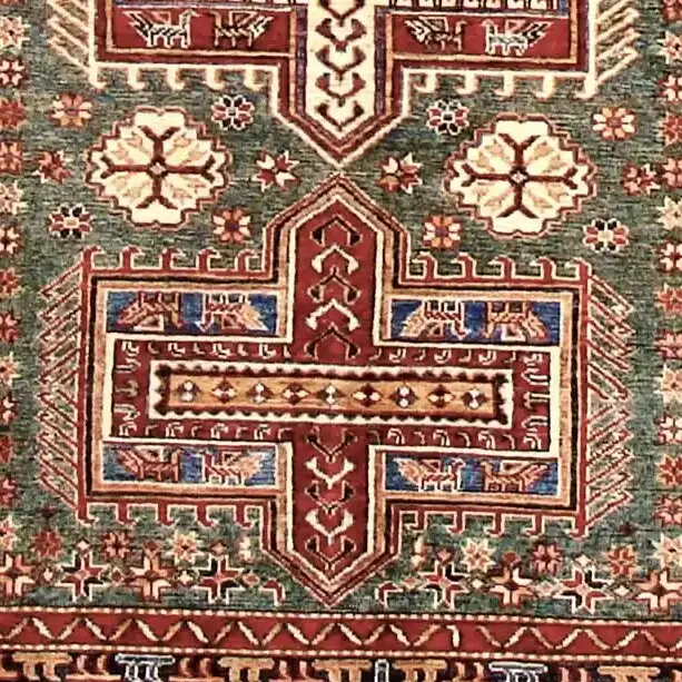 Green Super Kazak Rug Double Hand Knotted Fine lamb wool Veg Dye afghan(210 x 140)cm, green super kazak rug, close-up detail 3