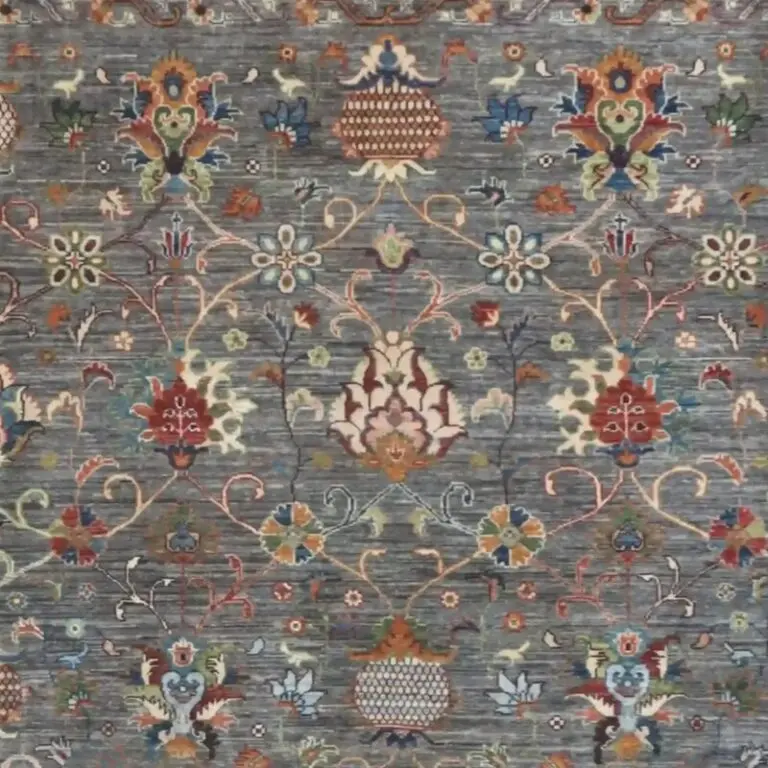 Floral Grey Sultani Designer Rug, Double Hand knotted, NZ Wool, German Dye, Afghan (366 x 271)cm, grey floral sultani rug, close-up detail 1