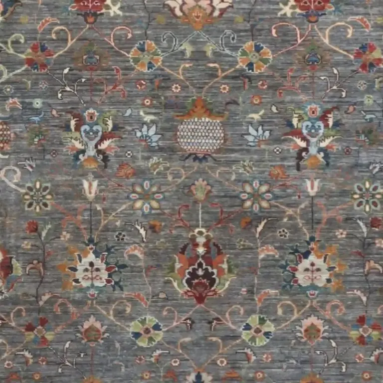 Floral Grey Sultani Designer Rug, Double Hand knotted, NZ Wool, German Dye, Afghan (366 x 271)cm, grey floral sultani rug, close-up detail 2