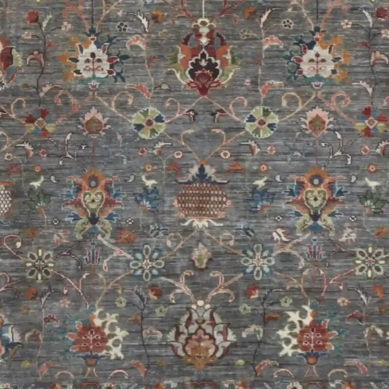 Floral Grey Sultani Designer Rug, Double Hand knotted, NZ Wool, German Dye, Afghan (366 x 271)cm, grey floral sultani rug, close-up detail 3