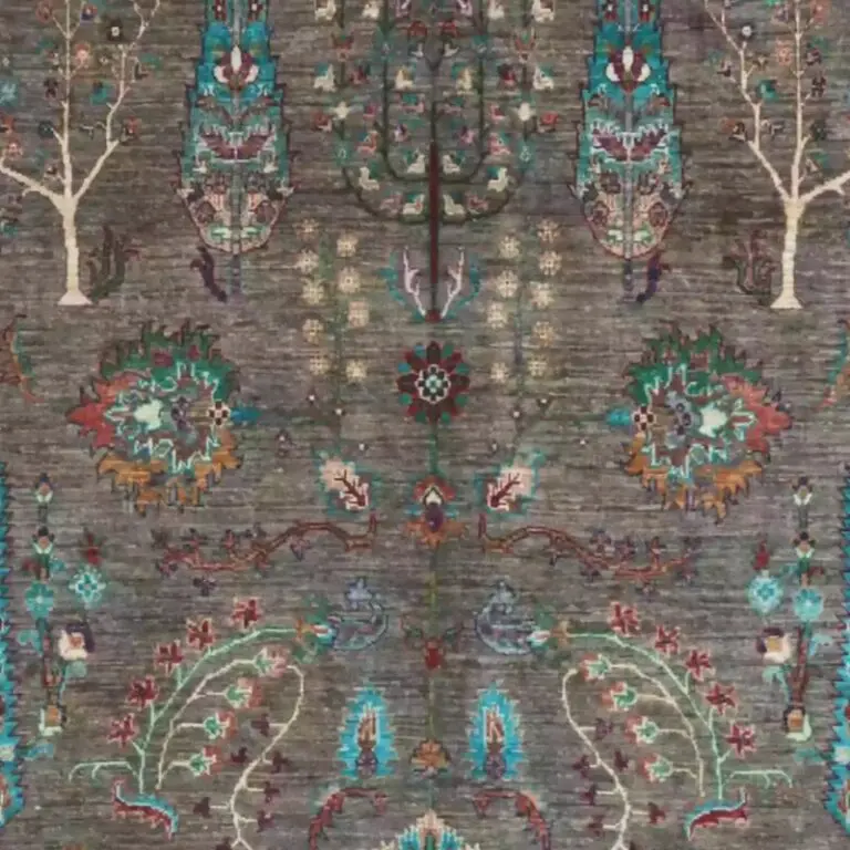 Susani Rug - 298 x 249, grey suzani afghan rug, close-up detail 1