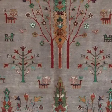 Tree Designer Rug Double Hand Knotted Lamb Wool Veg Dye Afghan (243 x 177)cm, grey tree design afghan rug, close-up detail 1