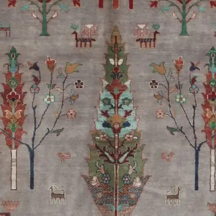 Tree Designer Rug Double Hand Knotted Lamb Wool Veg Dye Afghan (243 x 177)cm, grey tree design afghan rug, close-up detail 2