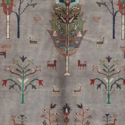 Tree Designer Rug Double Hand Knotted Lamb Wool Veg Dye Afghan (243 x 177)cm, grey tree design afghan rug, close-up detail 3