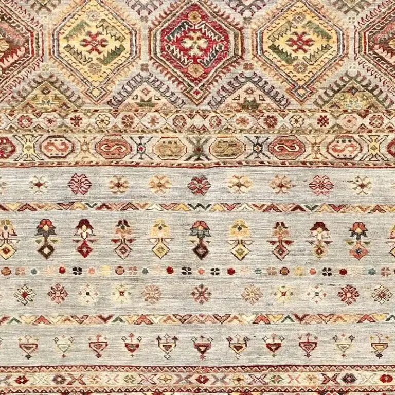 Harbour Grey Khorjin Rug, Double Hand Knotted, NZ Handspun Wool, Veg Dye, afghan (259 x 176)cm, harbour grey khorjin rug, close-up detail 1