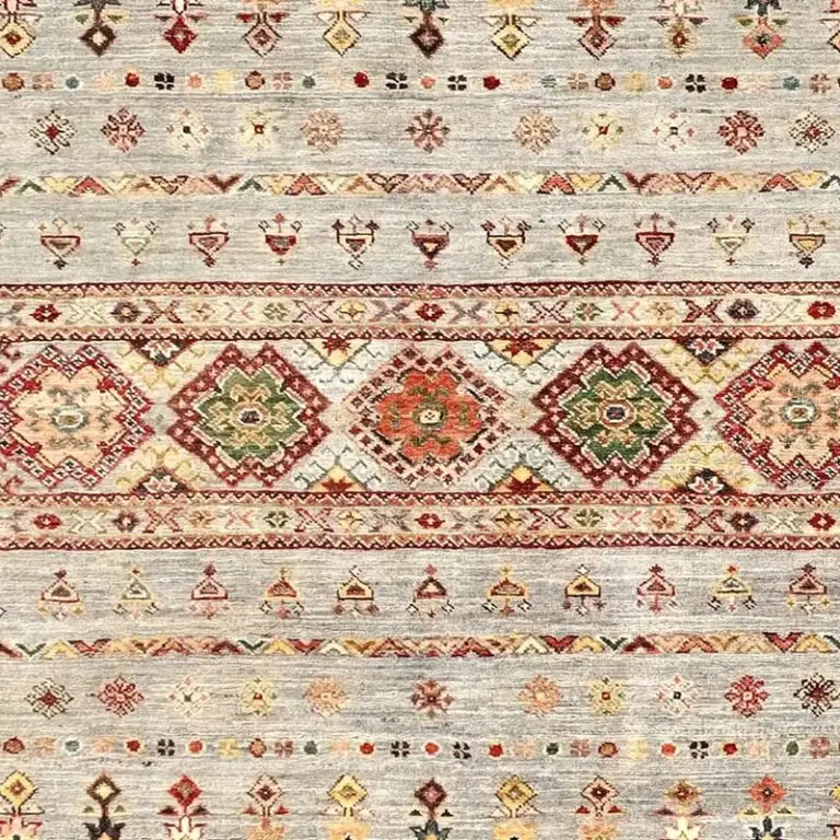 Harbour Grey Khorjin Rug, Double Hand Knotted, NZ Handspun Wool, Veg Dye, afghan (259 x 176)cm, harbour grey khorjin rug, close-up detail 2