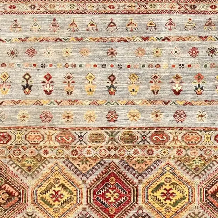 Harbour Grey Khorjin Rug, Double Hand Knotted, NZ Handspun Wool, Veg Dye, afghan (259 x 176)cm, harbour grey khorjin rug, close-up detail 3