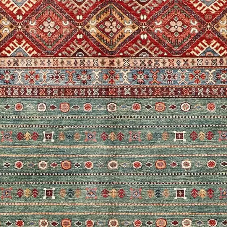 Hunter Green Khorjin Rug, Double hand Knotted, NZ Handspun Wool, Veg Dye, Afghan (252 x 171)cm, hunter green khorjin rug, close-up detail 1