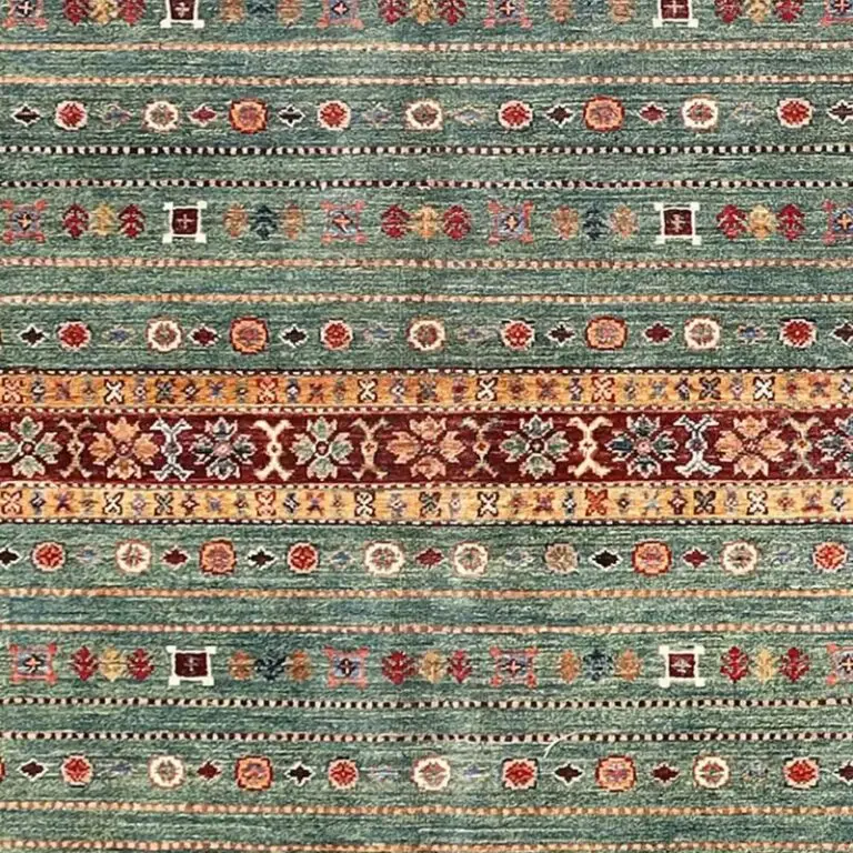 Hunter Green Khorjin Rug, Double hand Knotted, NZ Handspun Wool, Veg Dye, Afghan (252 x 171)cm, hunter green khorjin rug, close-up detail 2