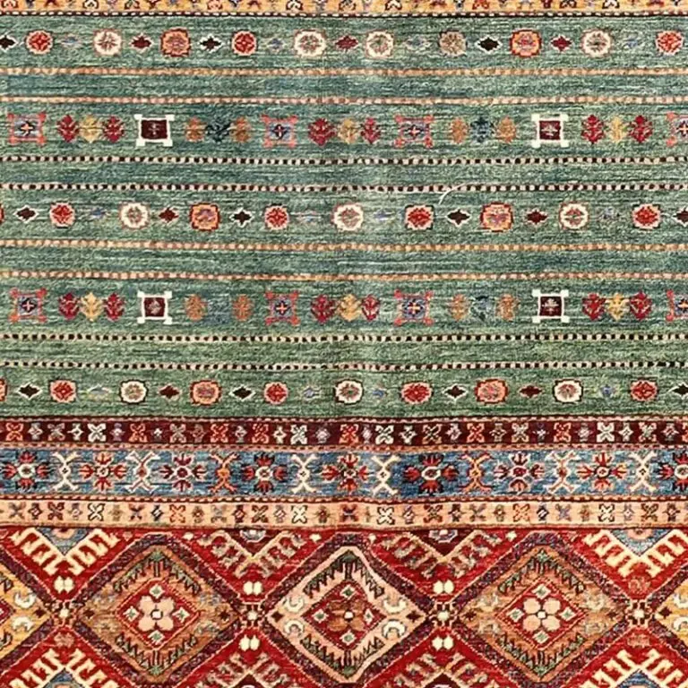 Hunter Green Khorjin Rug, Double hand Knotted, NZ Handspun Wool, Veg Dye, Afghan (252 x 171)cm, hunter green khorjin rug, close-up detail 3