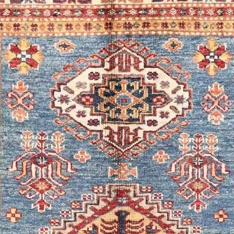 Super Kazak Rug 140 x 101, light blue afghan kazak rug, close-up detail 1