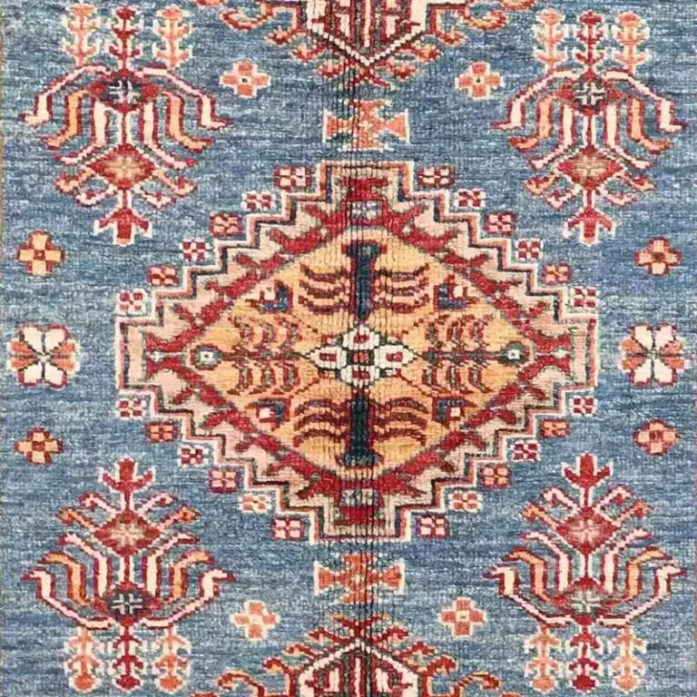 Super Kazak Rug 140 x 101, light blue afghan kazak rug, close-up detail 2