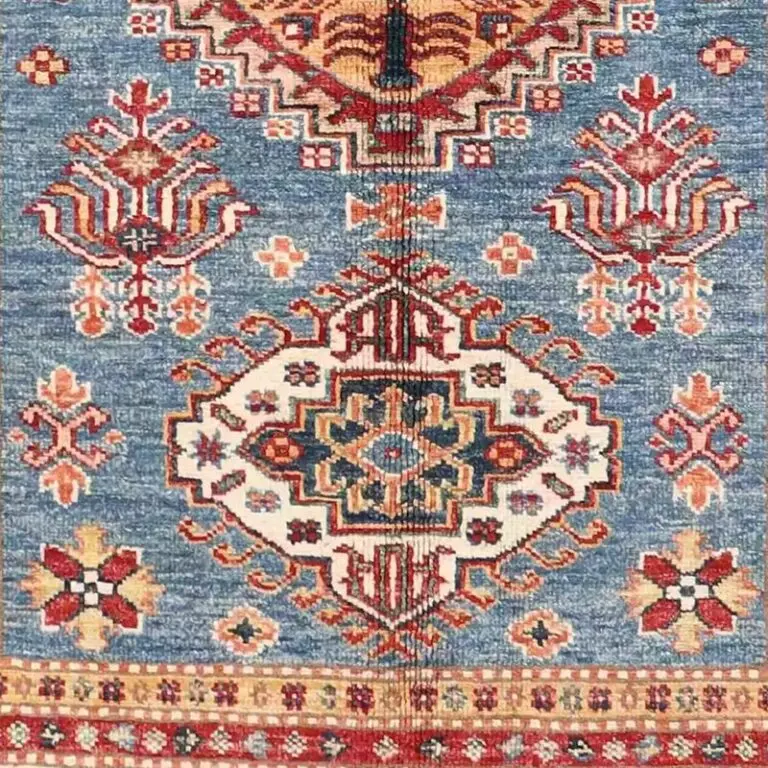 Super Kazak Rug 140 x 101, light blue afghan kazak rug, close-up detail 3