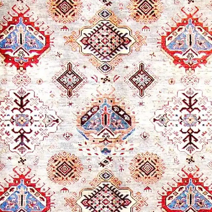 Light Grey Super Kazak Fine Rug NZ Handspun Wool Afghan (307 x 209)cm, light grey kazak rug, close-up detail 1