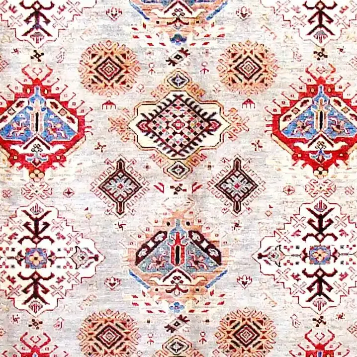 Light Grey Super Kazak Fine Rug NZ Handspun Wool Afghan (307 x 209)cm, light grey kazak rug, close-up detail 2