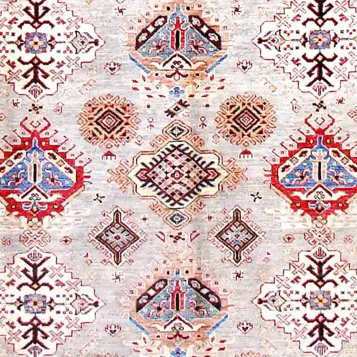 Light Grey Super Kazak Fine Rug NZ Handspun Wool Afghan (307 x 209)cm, light grey kazak rug, close-up detail 3