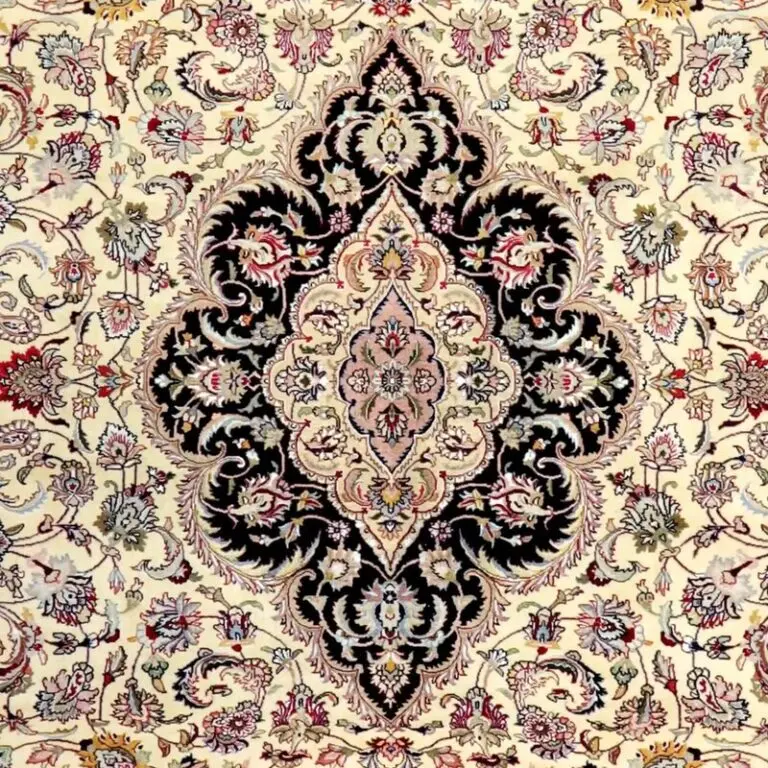 Black Medallion 50 Raj Tabriz, Double Hand Knotted, Super Fine Lamb Wool, Iran(315 x 200)cm, medallion tabriz persian rug, close-up detail 2