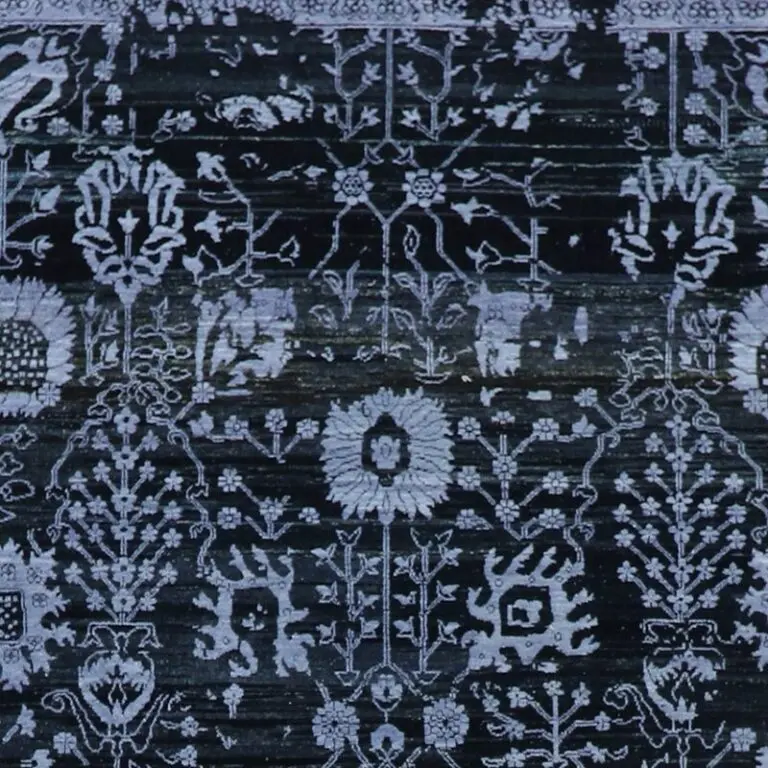 Midnight Blues Transitional Double hand Knotted Rug NZ Wool & Silk Veg Dye India 300 x 250, midnight blue wool silk rug, close-up detail 1