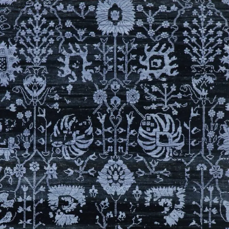 Midnight Blues Transitional Double hand Knotted Rug NZ Wool & Silk Veg Dye India 300 x 250, midnight blue wool silk rug, close-up detail 2