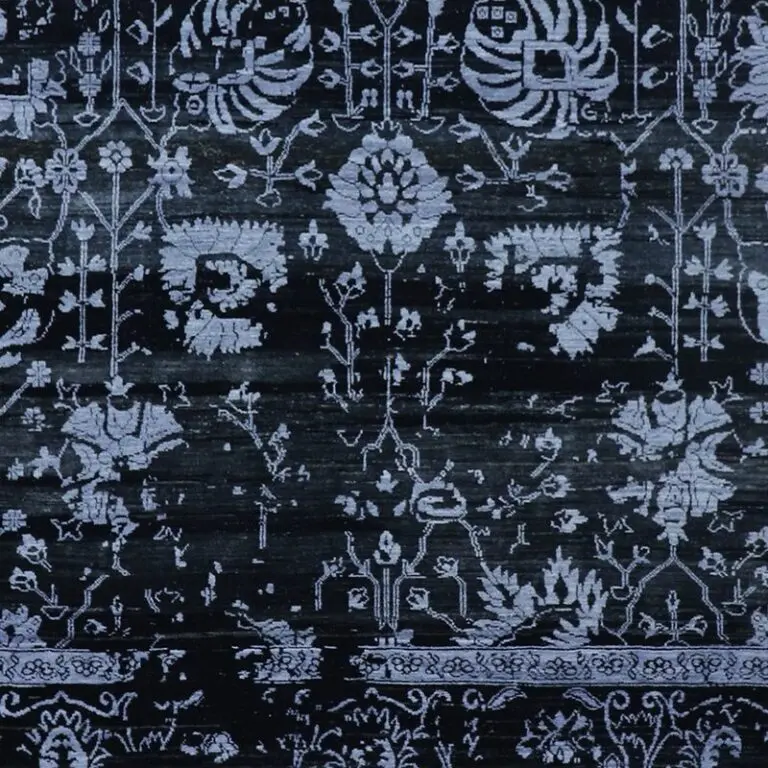 Midnight Blues Transitional Double hand Knotted Rug NZ Wool & Silk Veg Dye India 300 x 250, midnight blue wool silk rug, close-up detail 3