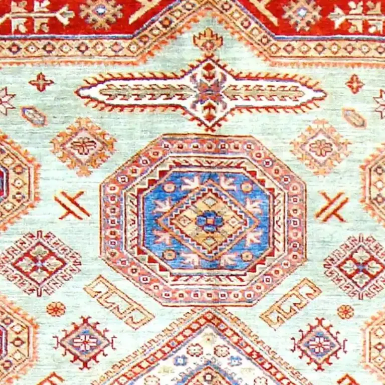 Mint Green Super Kazak Rugs Handspun NZ Wool Veg Dye Afghan (203 x 149)cm, mint green kazak rug, close-up detail 1
