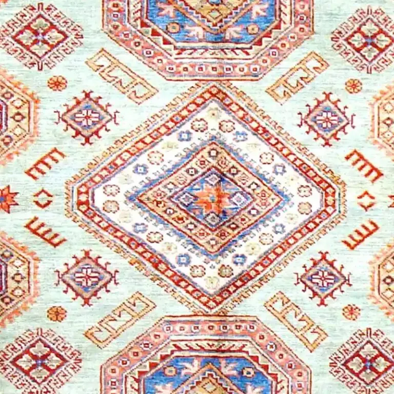 Mint Green Super Kazak Rugs Handspun NZ Wool Veg Dye Afghan (203 x 149)cm, mint green kazak rug, close-up detail 2