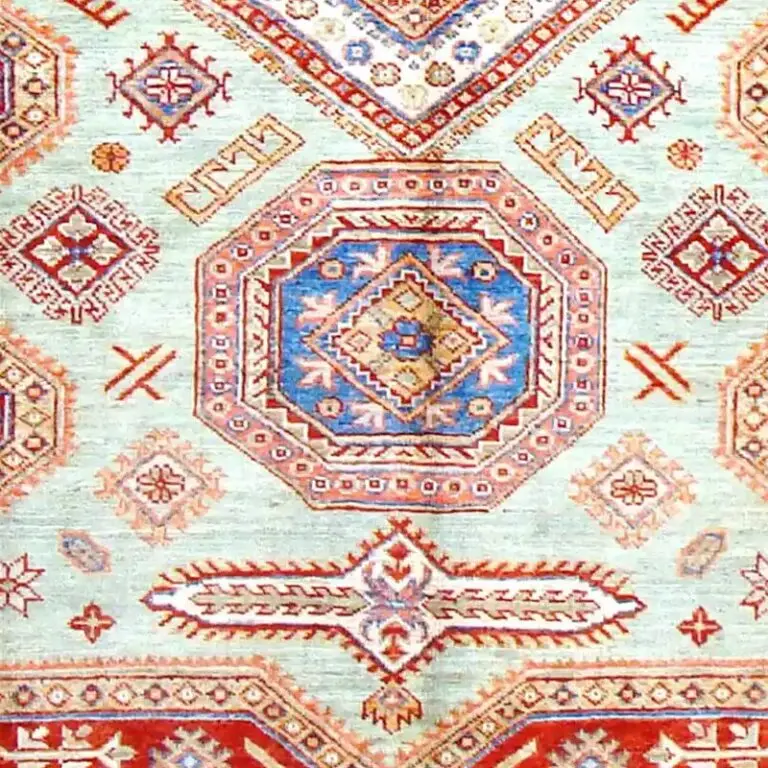 Mint Green Super Kazak Rugs Handspun NZ Wool Veg Dye Afghan (203 x 149)cm, mint green kazak rug, close-up detail 3