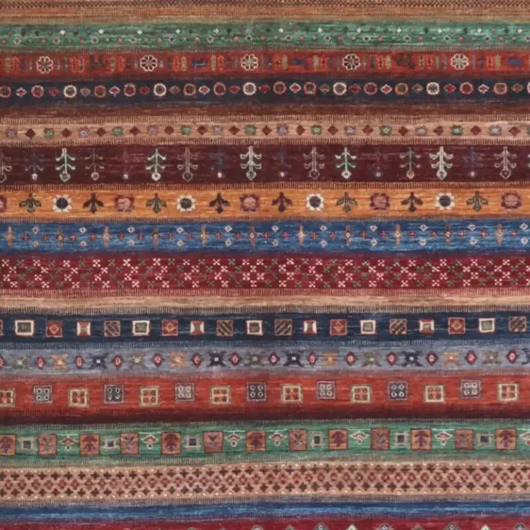 Multi Color Gabbeh, Double Hand Knotted, NZ Handspun Wool, German Dye, Afghan (355 x 271)cm, multi colour gabbeh rug, close-up detail 1
