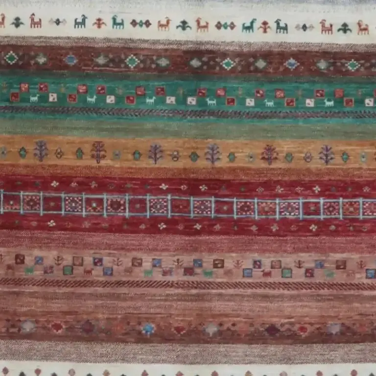 Multi Colour Pictorial Gabbeh Designer Rug Double Hand Knotted Fine Lamb Wool Veg Dye Afghan (299 x 206), multi colour gabbeh rug, close-up detail 1