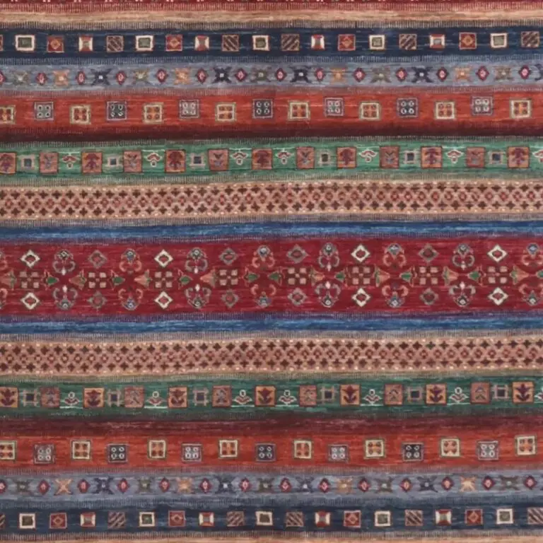 Multi Color Gabbeh, Double Hand Knotted, NZ Handspun Wool, German Dye, Afghan (355 x 271)cm, multi colour gabbeh rug, close-up detail 2