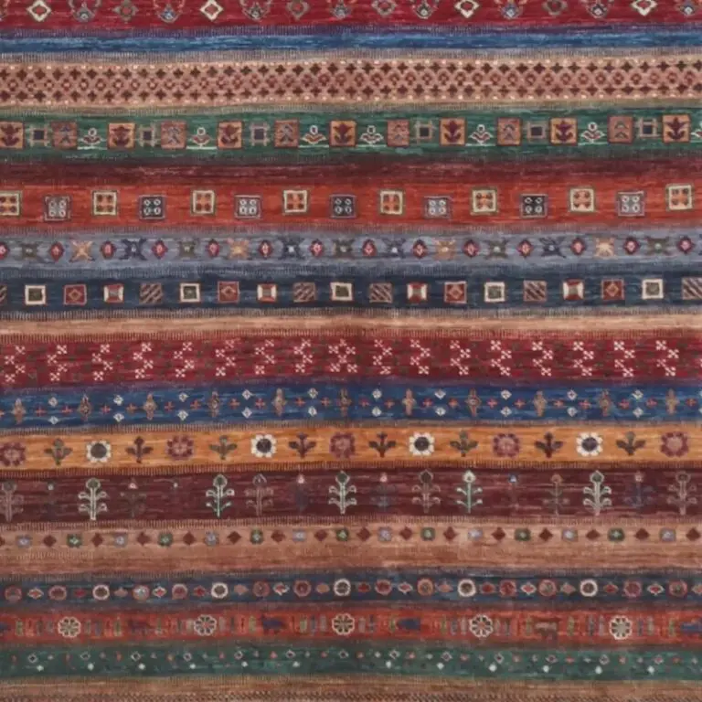 Multi Color Gabbeh, Double Hand Knotted, NZ Handspun Wool, German Dye, Afghan (355 x 271)cm, multi colour gabbeh rug, close-up detail 3