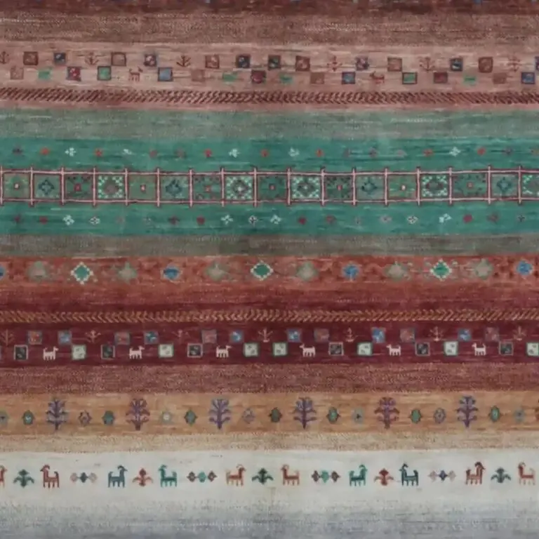 Multi Colour Pictorial Gabbeh Designer Rug Double Hand Knotted Fine Lamb Wool Veg Dye Afghan (299 x 206), multi colour gabbeh rug, close-up detail 3