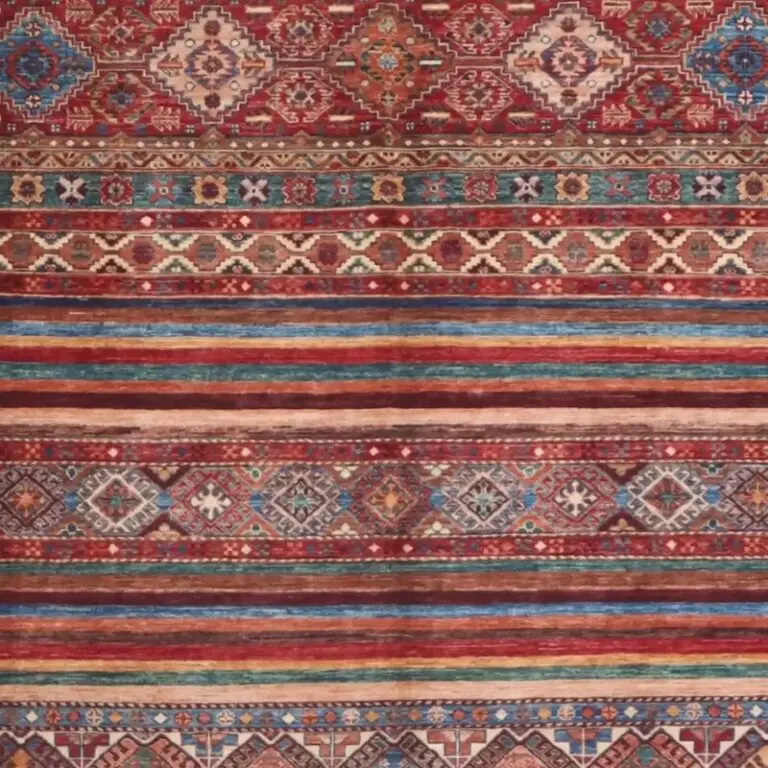 Multi colour Khorjin Designer Rug Double Hand Knotted Fine lamb Wool German Dye Afghan (360 x 276), multi colour khorjin rug, close-up detail 1