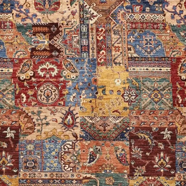 Patchwork Designer Rug, Double hand Knotted, NZ Handspun Wool, German Dye, Afghan (282 x 249)cm, multi colour patchwork rug, close-up detail 1