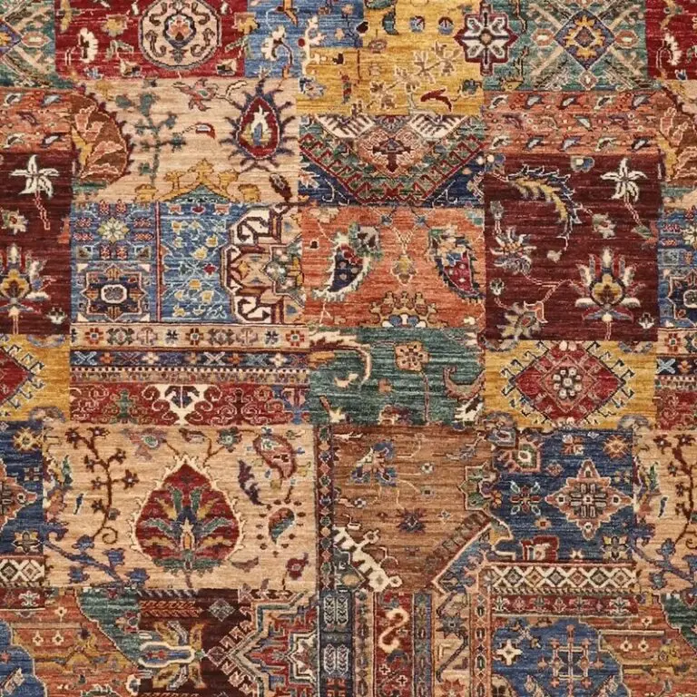 Patchwork Designer Rug, Double hand Knotted, NZ Handspun Wool, German Dye, Afghan (282 x 249)cm, multi colour patchwork rug, close-up detail 2