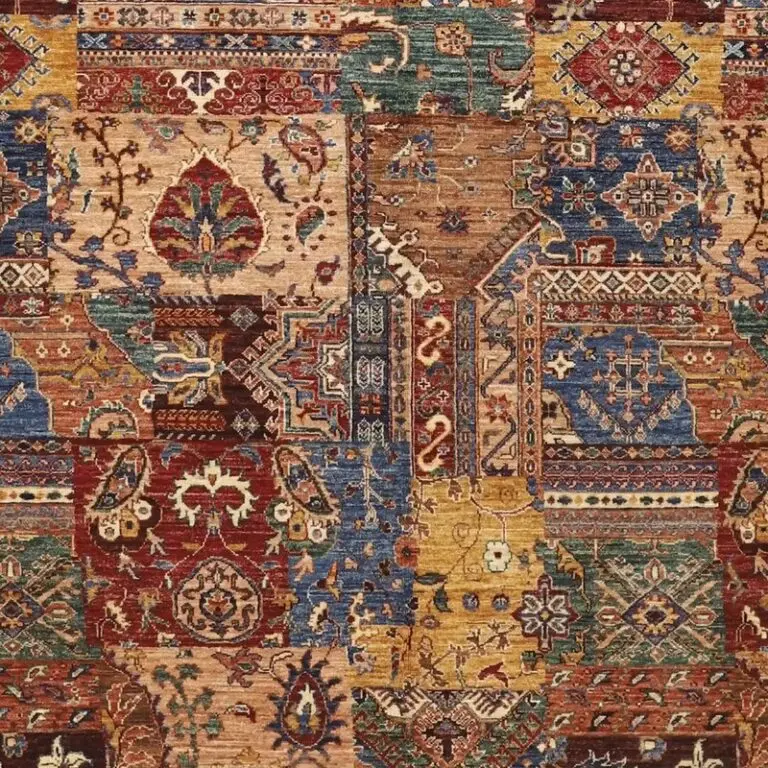 Patchwork Designer Rug, Double hand Knotted, NZ Handspun Wool, German Dye, Afghan (282 x 249)cm, multi colour patchwork rug, close-up detail 3