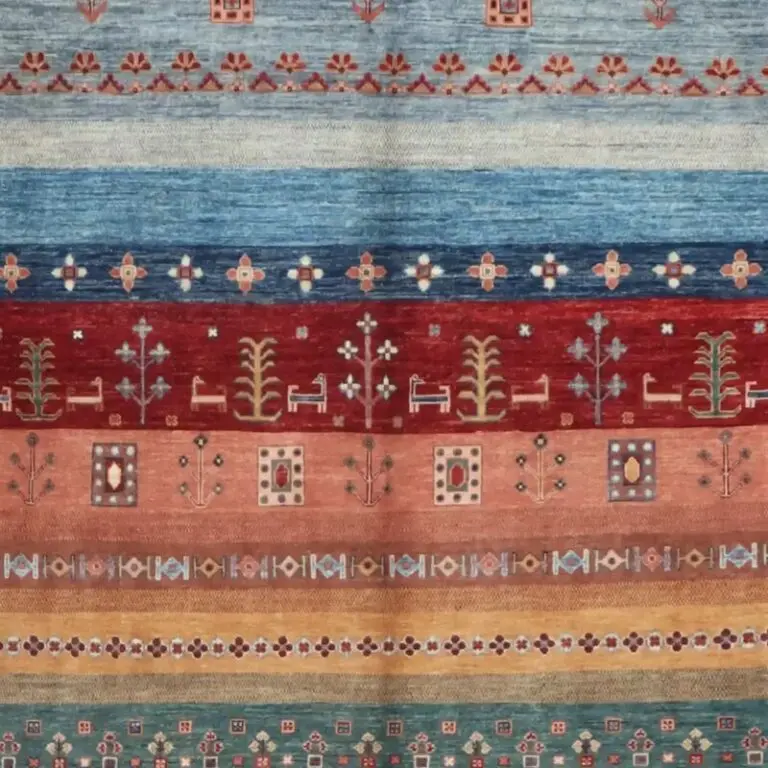 Multi Pictorial Gabbeh Designer Rug Double hand Knotted Fine lamb Wool Veg Dye Afghan (369 x 275)cm, multi pictorial gabbeh rug, close-up detail 1