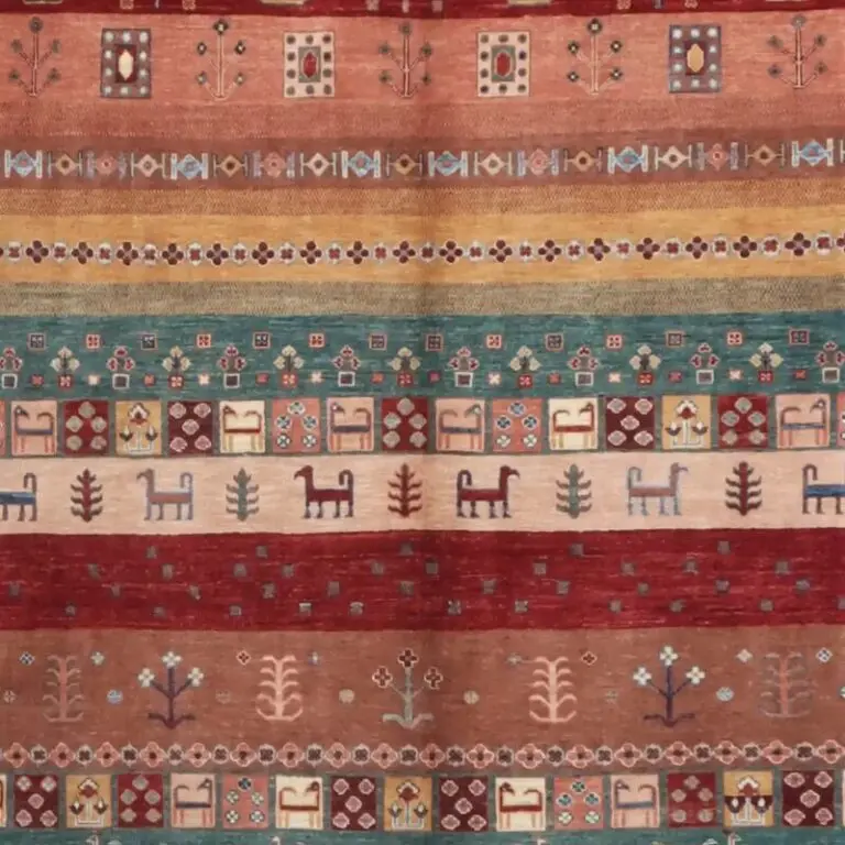 Multi Pictorial Gabbeh Designer Rug Double hand Knotted Fine lamb Wool Veg Dye Afghan (369 x 275)cm, multi pictorial gabbeh rug, close-up detail 2