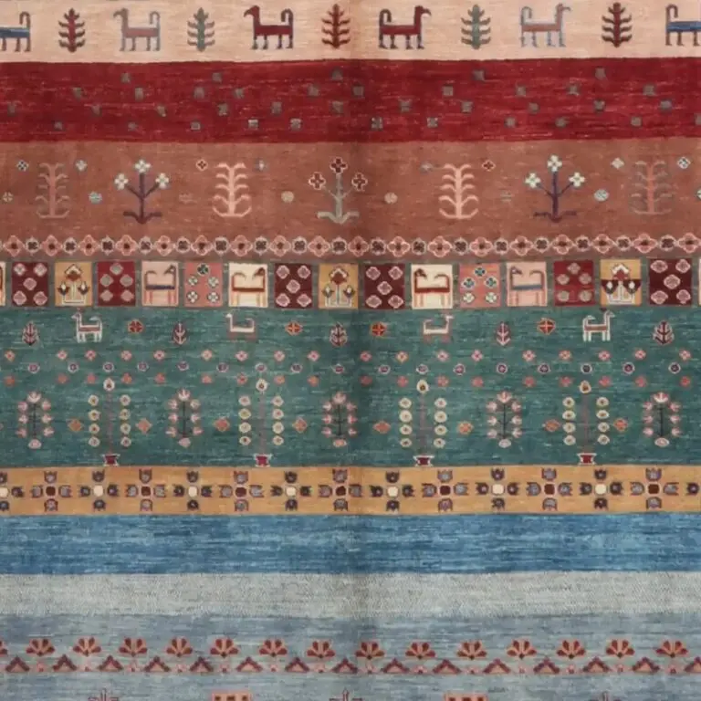 Multi Pictorial Gabbeh Designer Rug Double hand Knotted Fine lamb Wool Veg Dye Afghan (369 x 275)cm, multi pictorial gabbeh rug, close-up detail 3