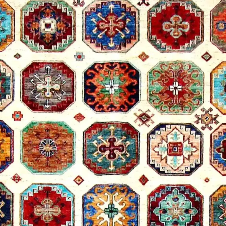 Multi Octate Vaziri Double Hand Knotted NZ Wool Veg Dye Afghan (296 x 207)cm, multicolour vaziri rug, close-up detail 1