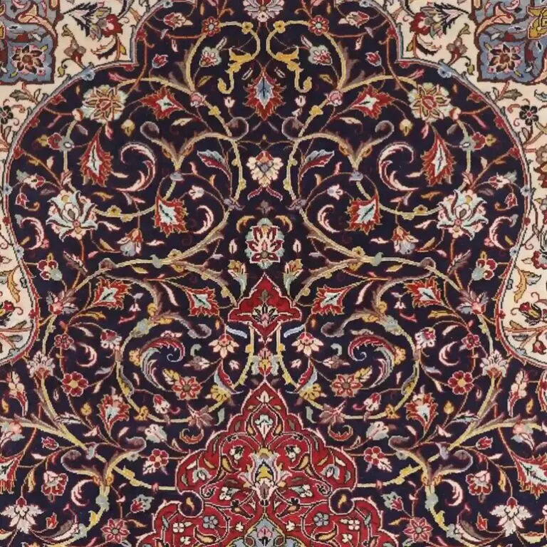 Navy Blue Floral 50 RajTabriz Rug, Double Hand Knotted Fine Handspun Lamb Wool.Iran (332 x 210)cm, navy blue floral tabriz rug, close-up detail 1
