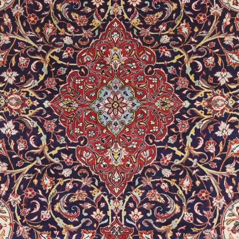 Navy Blue Floral 50 RajTabriz Rug, Double Hand Knotted Fine Handspun Lamb Wool.Iran (332 x 210)cm, navy blue floral tabriz rug, close-up detail 2